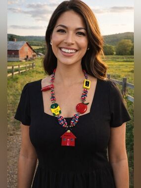 Vintage School Teacher Theme Charm Statement Wood Red Multicolor Beads Necklace